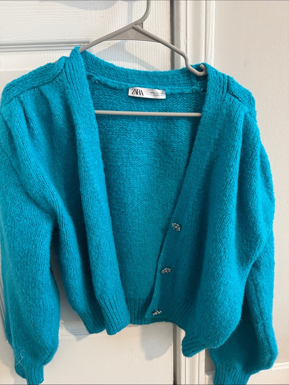 Zara Bright Teal V-Neck Crystal-Button Cardigan